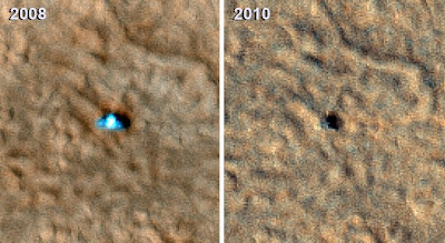 Two images of the Phoenix Mars lander taken from Martian orbit in 2008 and 2010. The 2008 lander image shows two relatively blue spots on either side corresponding to the spacecraft's clean circular solar panels. In the 2010 image scientists see a dark shadow that could be the lander body and eastern solar panel, but no shadow from the western solar panel. Image credit: NASA/JPL-Caltech/University of Arizona