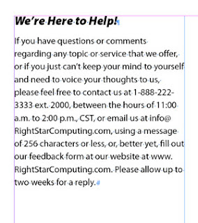 a sample text block showing broken phone number and web address