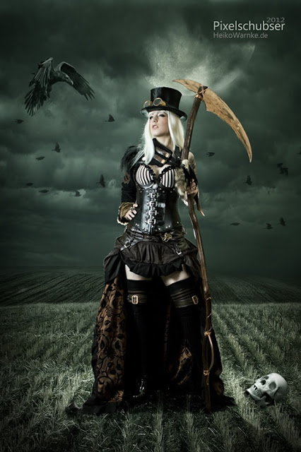 Steampunk grim reaper costume with sickle, top hat, goggles, corset and boots