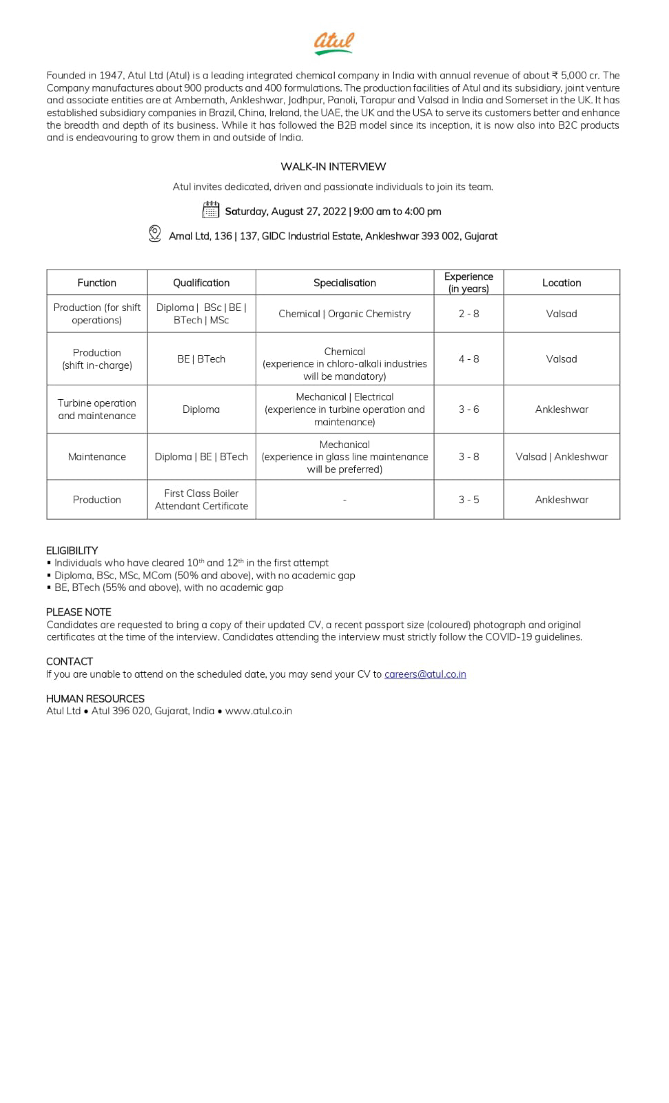 Job Available's for Atul Ltd Walk-In Interview for Diploma/ BSc/ B Tech/ BE/ MSc/ Chemical/ Organic Chemistry/ Mechanical/ Electrical