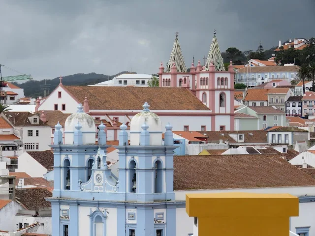 Colorful church spires in Angra do Heroismo on Terceira Island in the Azores