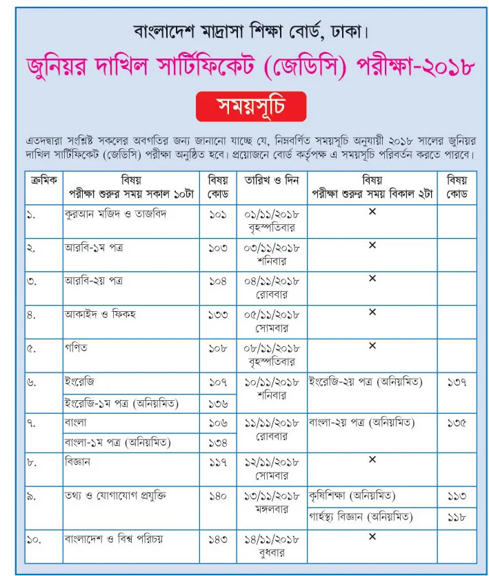 JDC Examination routine 2018