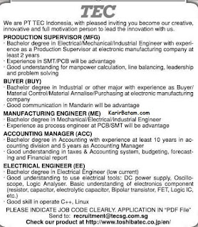 Lowongan Kerja PT. TEC Indonesia