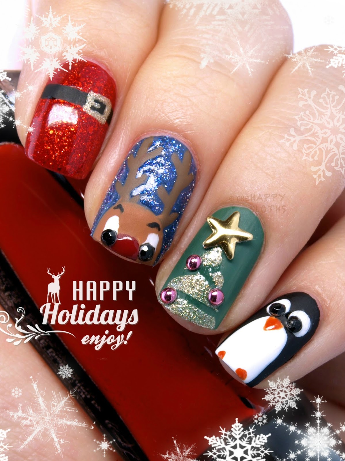 Christmas Nails: Santa's Suit, Reindeer, Christmas Tree & A Penguin Cutie