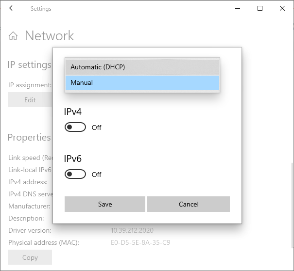 IPv4 and IPv6 Option in Windows 10