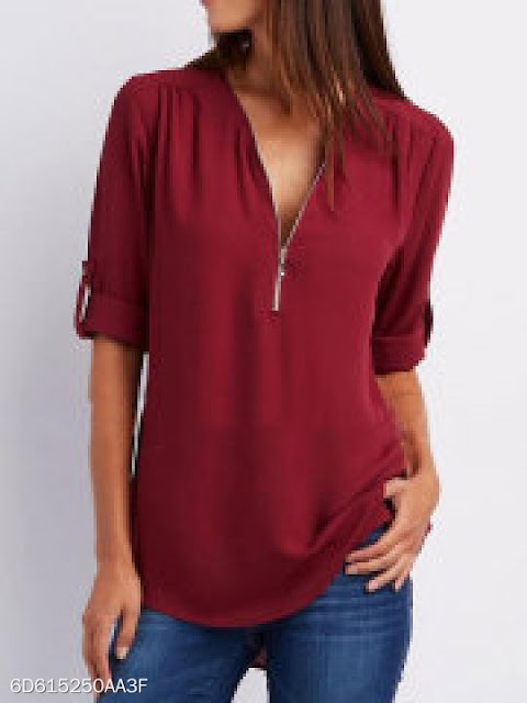 V-Neck Zips Plain Roll-Up Sleeve Long Sleeve Blouses