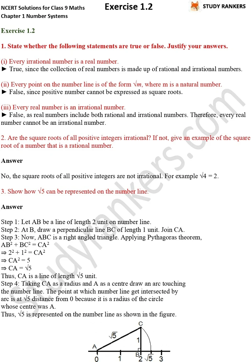 NCERT Solutions for Class 9 Maths Chapter 1 Number Systems Exercise 1.2