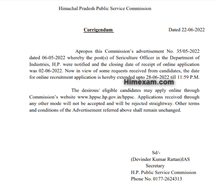 Extension of date for applying to the post of Sericulture Officer in the Department of Industries, H.P:- HPPSC Shimla