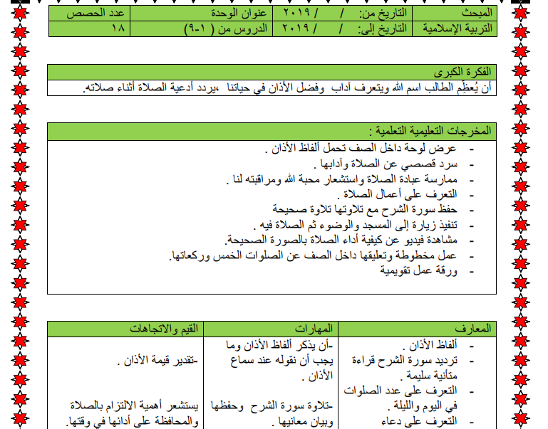 تحضير تربية إسلامية للصف الثاني الفصل الثاني وفق النظام الجديد (المخرجات) كامل