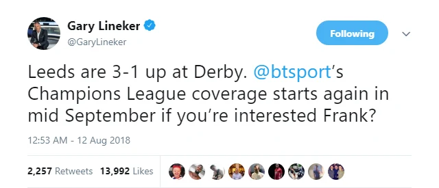 Gary Lineker offers Frank Lampard his old BT Sport job back as Leeds crush Derby