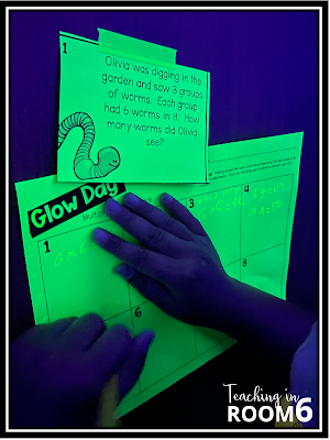 Math Task cards on glowing neon paper for Glow Day