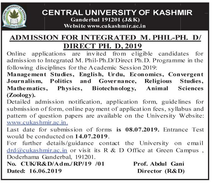 Central University of Kashmir admission for integrated M. Phill and P. hD 2019