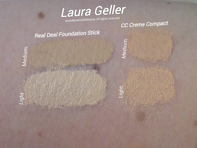 Laura Geller Real Deal Foundation Stick Swatches of Shades Light & Medium, Tan, & Review, Laura Geller CC Creme Color Correct Compact Swatches of Shades Light & Medium