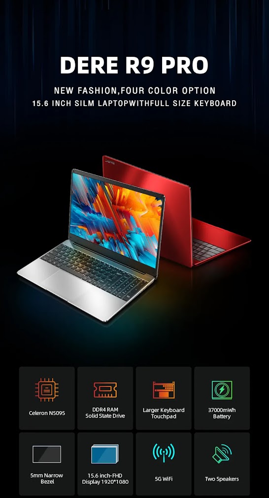 DERE R9 Pro Laptop 15.6 inch 16GB RAM 1TB SSD Intel Celeron N5095 Dual Band WiFi Business Office Online Class Notebook Window 10