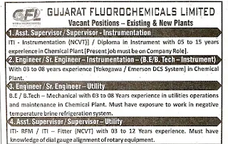 ITI, Diploma And B.E/B.Tech Jobs Vacancy Supervisor and Engineer Post in Gujarat Fluorochemicals Limited