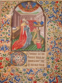 manuscript illumination of King David kneeling in prayer