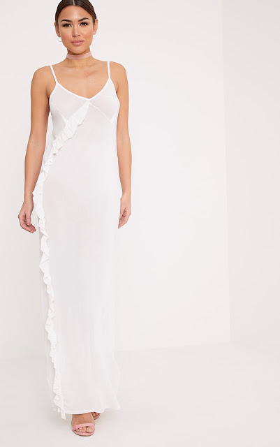 White ruffle mesh maxi dress