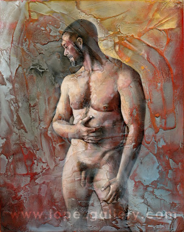 Strong and courageous nude male body in the original oil painting