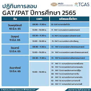 ปฏิทินสอบGAT PAT2565