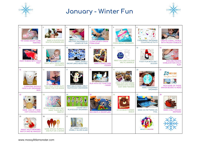 Januray kids activity calendar.  Art craft and activity ideas for kids based on the theme Winter. 