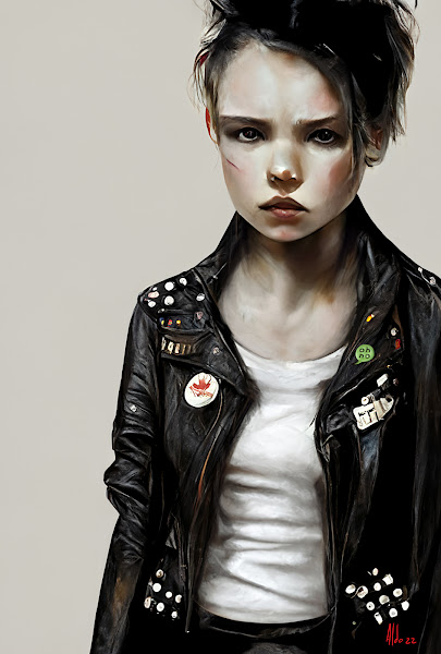 Retrato de chica punk-rock desafiante, usando una chamarra de cuero con estoperoles