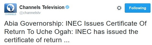 BREAKING News: INEC Issues a Certificate of Return to Uche Ogah, the New Abia State Governor
