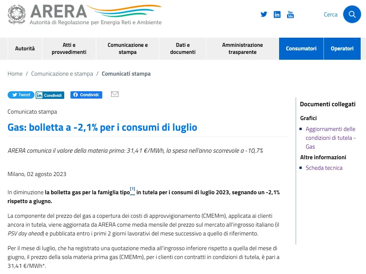 Bolletta gas -2,1% a luglio 2023