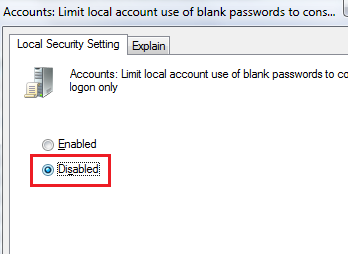 bấm đúp vào thuộc tính Accounts: Limit local account use of blank passwords to console logon only chọn Disable 