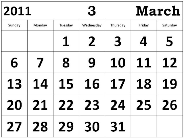 2011 march calendar template. March Calendar 2011 big fonts