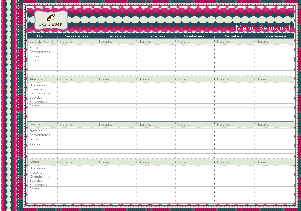 Joy Paper: Bloco Menu Semanal para o cardápio da Semana