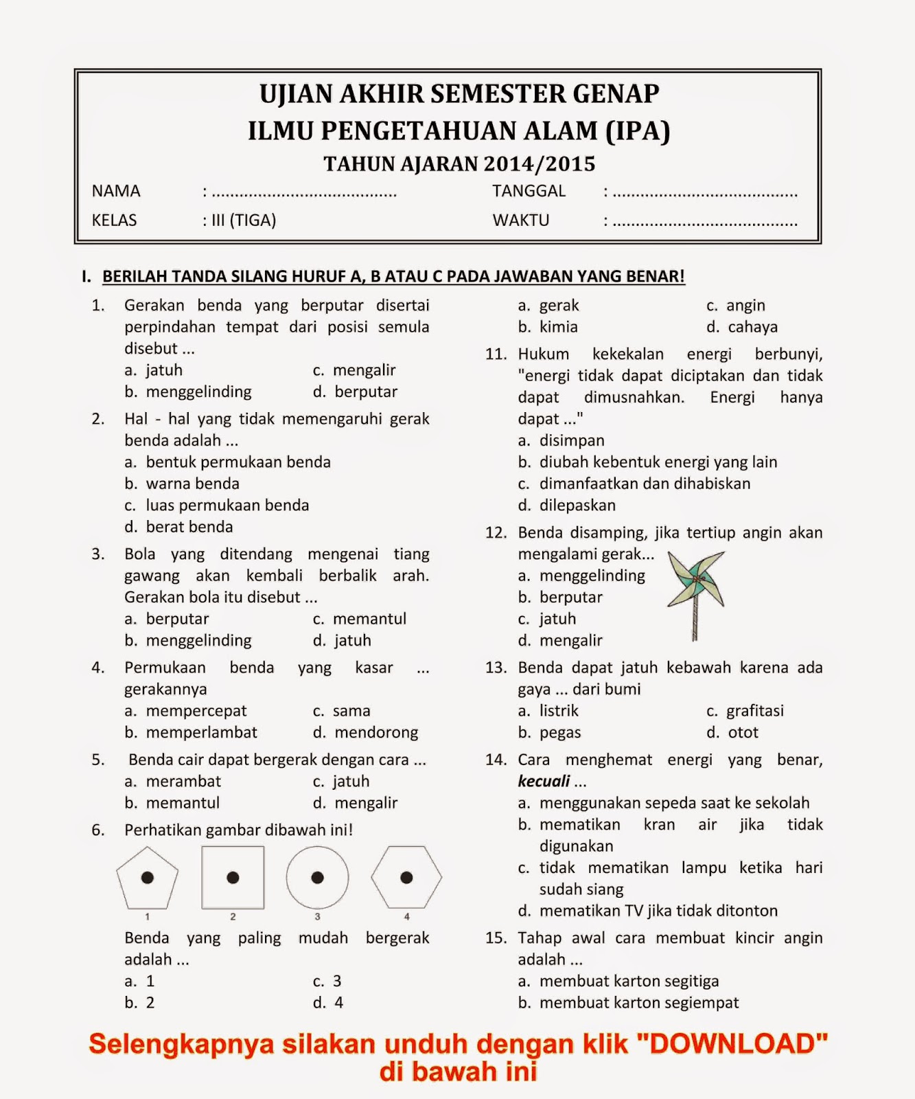 Download Soal IPA Kelas 3 UAS Semester Genap 2015 baru