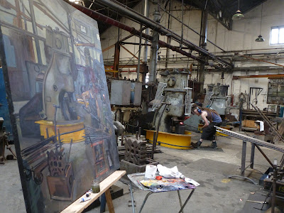 Oil painting of blacksmith forging in the Australian Technology Park, Eveleigh Railway Workshops by industrial heritage artist Jane Bennett