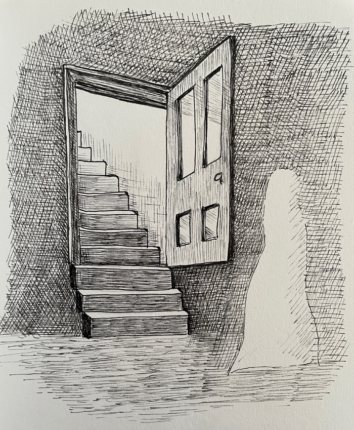 Pen and ink drawing of a ghost in a basement by Ingrid Lobo