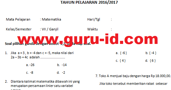  soal matematika kelas 7 semester 1 2 dan kunci jawaban 