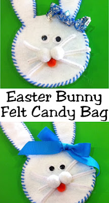 Add a fun little Easter bunny to your Easter baskets with this felt candy holder.  This Easter bunny is so cute and filled with yummy Easter candy, you almost won't want to give him away. #easter #easterbasket #easterpartyfavor  #diypartymomblog