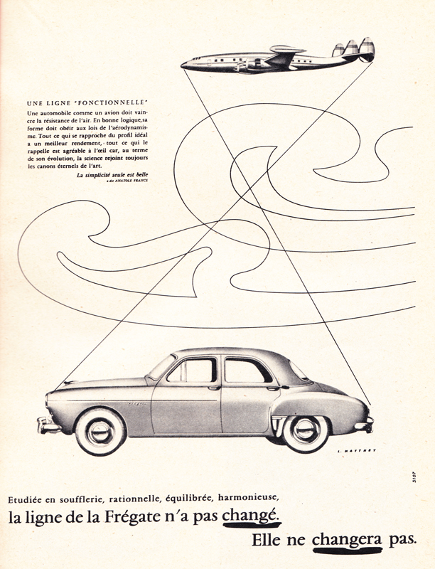 Publicité vintage : La ligne de la Frégate n'a pas changé. Elle ne changera pas. - Pour vous Madame, pour vous Monsieur, des publicités, illustrations et rédactionnels choisis avec amour dans des publications des années 50, 60 et 70. Popcards Factory vous offre des divertissements de qualité. Vous pouvez également nous retrouver sur www.popcards.fr et www.filmfix.fr