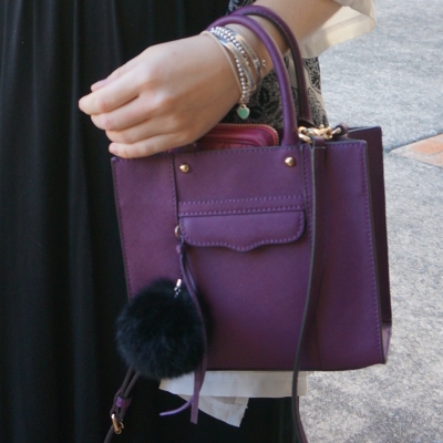 bracelet stack with Rebecca Minkoff mini MAB tote in plum on wrist | awayfromtheblue