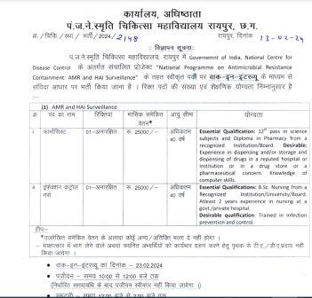NURSE AND PHARMACIST VACANCY IN RAIPUR 2024 : रायपुर में नर्स एवं फार्मासिस्ट के रिक्त पदों पर भर्ती हेतु आवेदन
