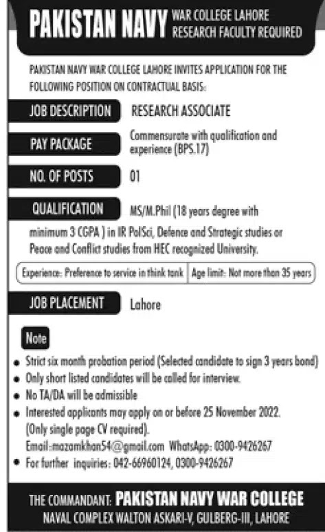 Pakistan Navy War College Jobs 2022