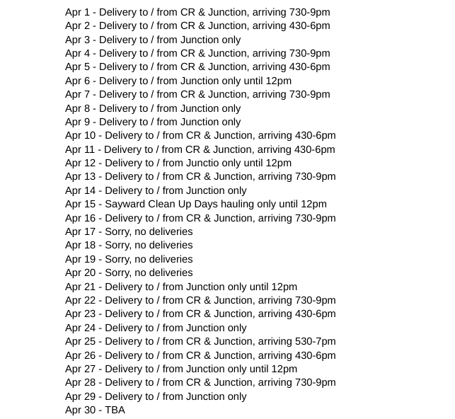 April Delivery Schedule