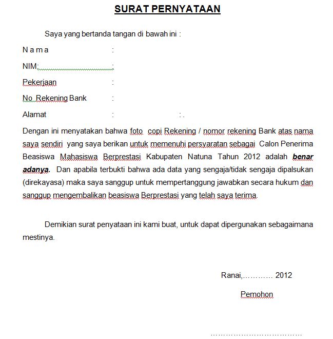 Contoh Surat Keterangan Rekening Bank