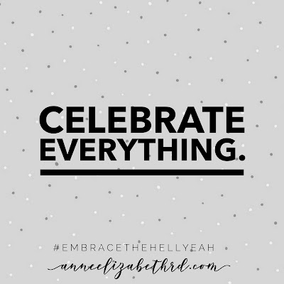 "Celebrate Everything" Weekly Wisdom in black letters on a grey background with tiny white polka dots