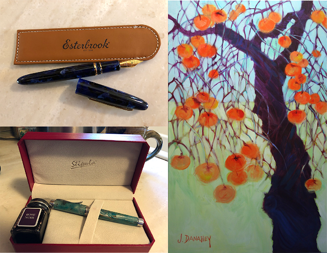 Two nice fountain pens, an Esterbrook Estie and a Stipula Adagio, with Jill Danahey’s painting, “Winter Persimmons.”