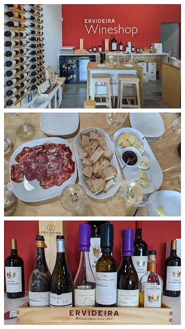 Collage of photos from a wine tasting at Ervideira Wine Shop in Ajuda
