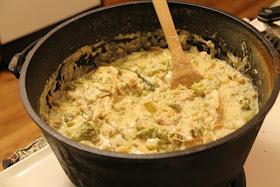 Chicken broccoli carrot cheese soup in dutch oven