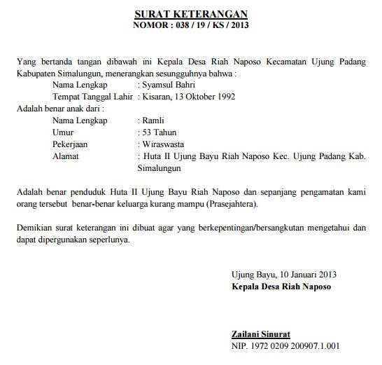 Surat Keterangan kurang mampu