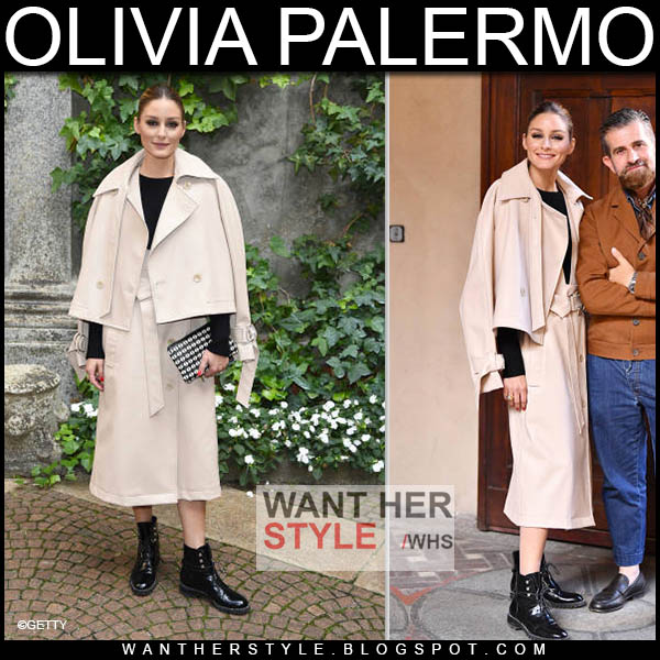 Olivia Palermo in beige trench coat and black ankle boots