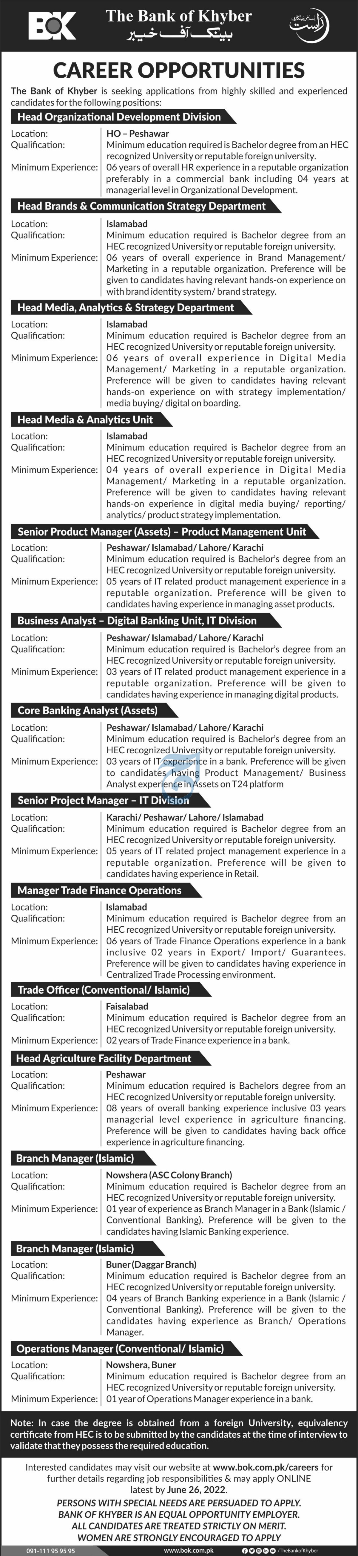 Latest The Bank of Khyber BOK Bank Posts Peshawar 2022