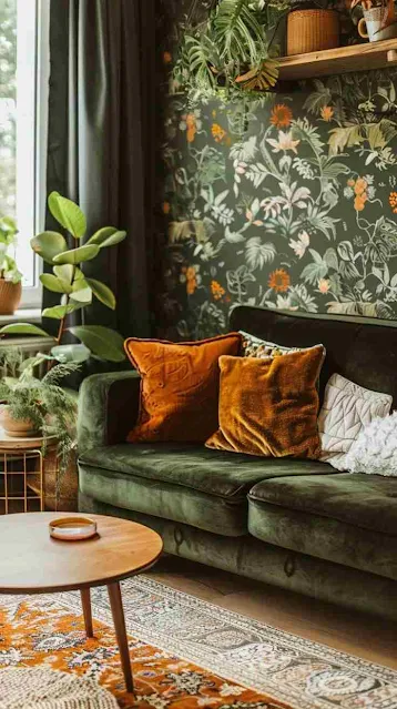 Sala verde com almofadas variadas