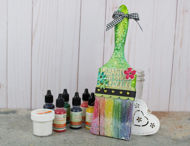 This mixed media paintbrush was created using Fun Stampers Journey products, including the Color Pop Stamp Set.  Lots of layering went into creating this fun accent piece that's perfect for display in a studio or craft room.  